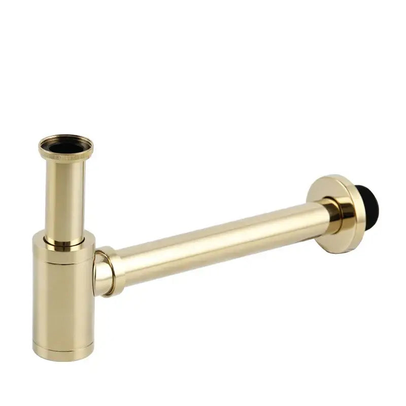 Modern brass round siphon p-trap set in gold-colored brass with black rubber stopper for bathroom drainer decorbites brass round
