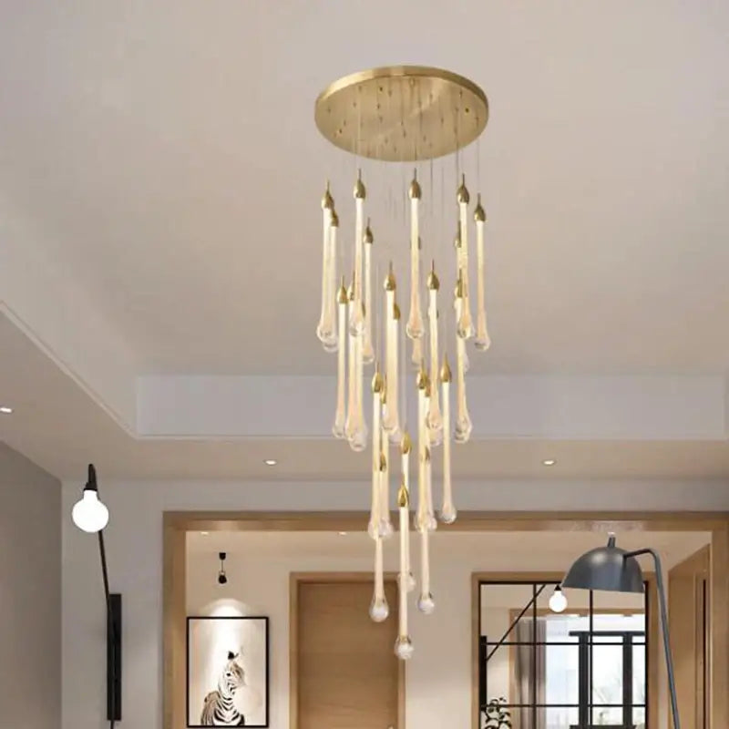 A modern brass stairs led chandelier with slender translucent glass pendant arms for villa dining room decorbites 3w round