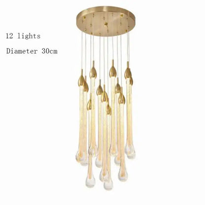 Modern brass round stairs led chandelier with 12 gold-toned glass teardrop lights for villa dining room decorbites 3w round
