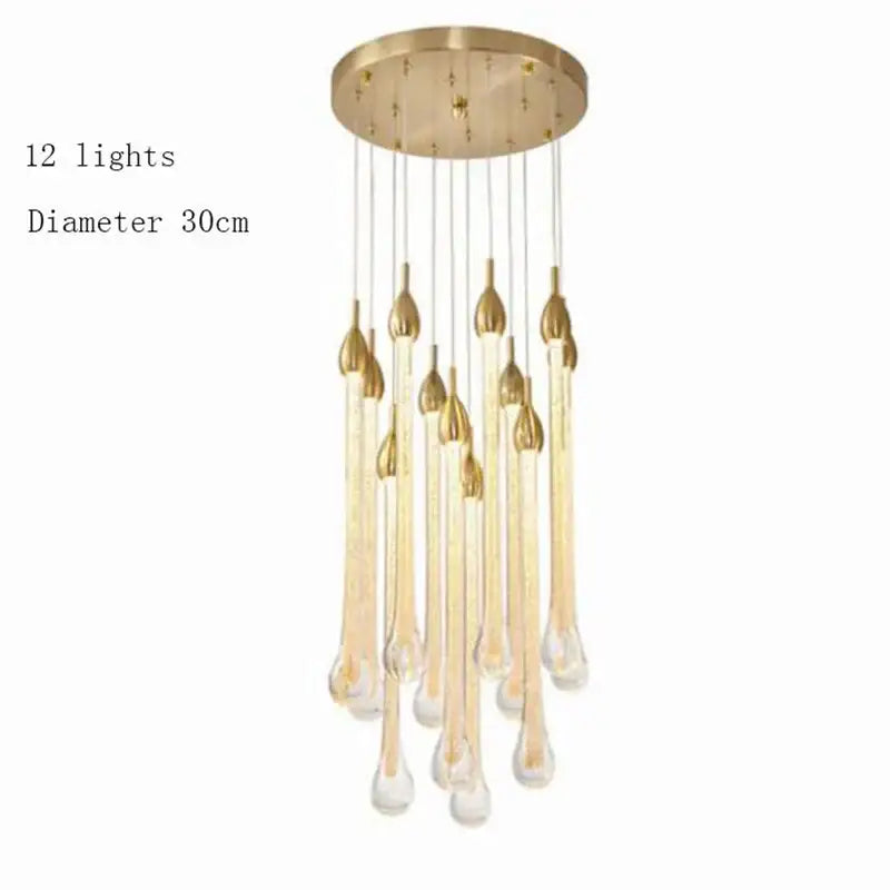 Modern brass round stairs led chandelier with 12 gold-toned glass teardrop lights for villa dining room decorbites 3w round