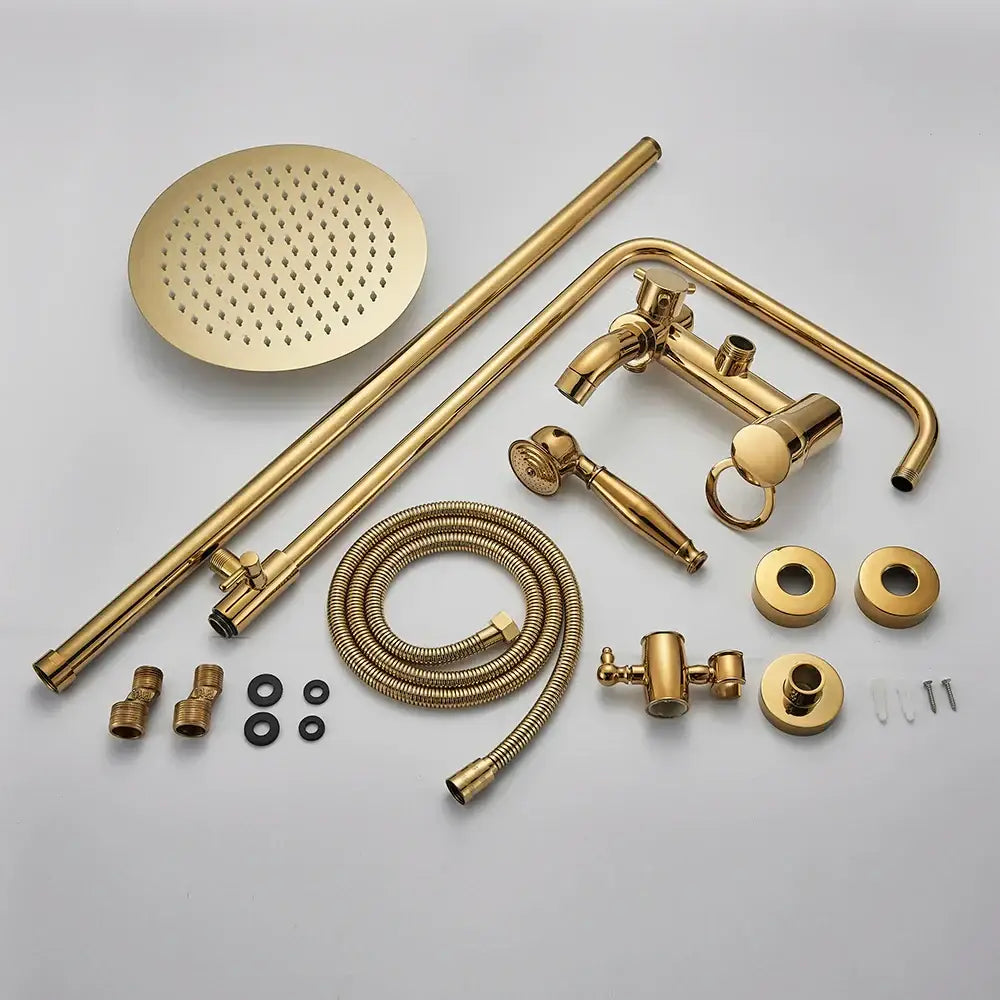 Modern brass shower set with gold-finished brass rainhead handheld sprayer and matching fixtures decorbites brass shower