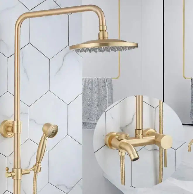 Modern brass shower set featuring a gold-toned brass rainfall head and handheld sprayer for bathroom decorbites shower set
