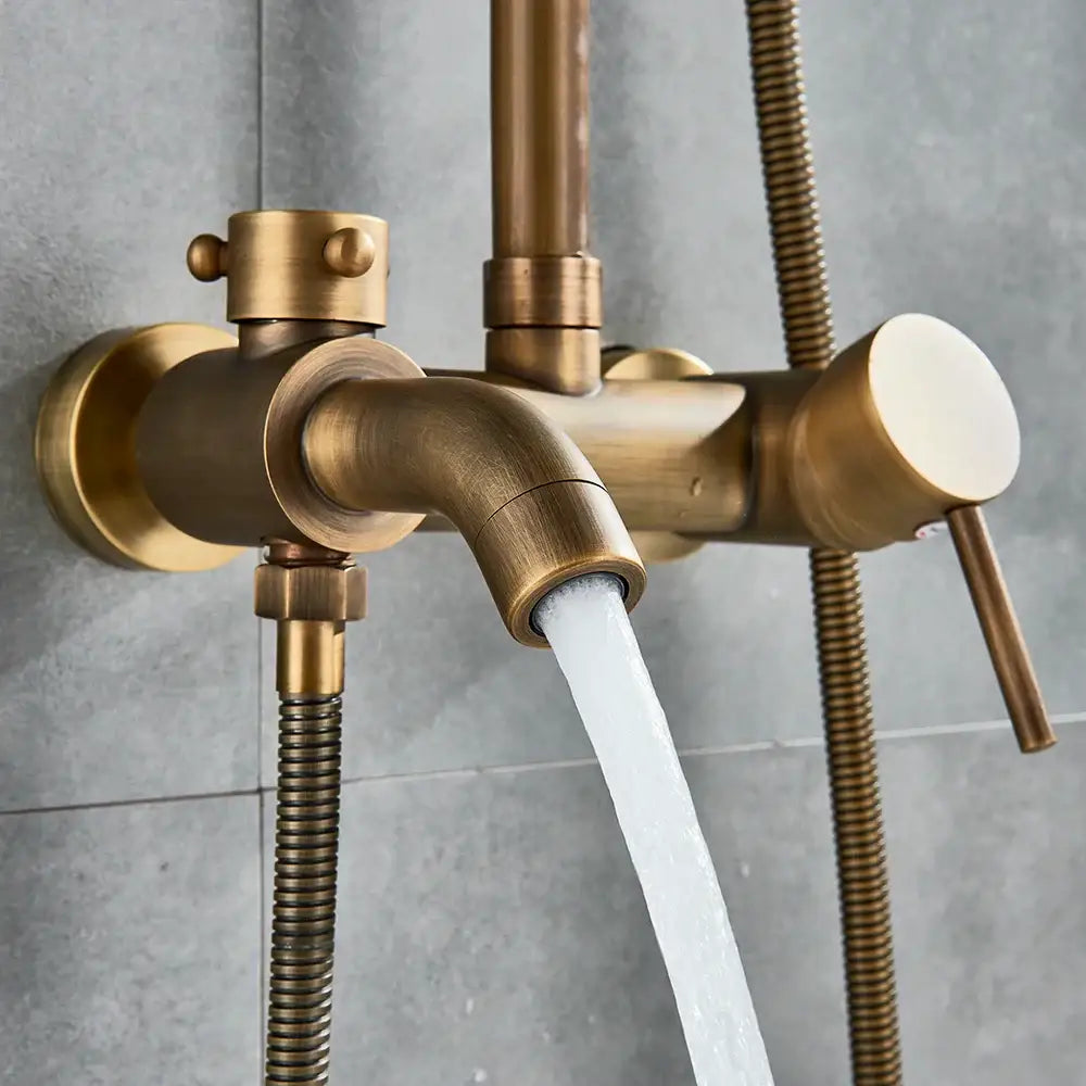 Modern brass shower set with curved spout and two flexible hoses including one connected for decorbites brass shower use