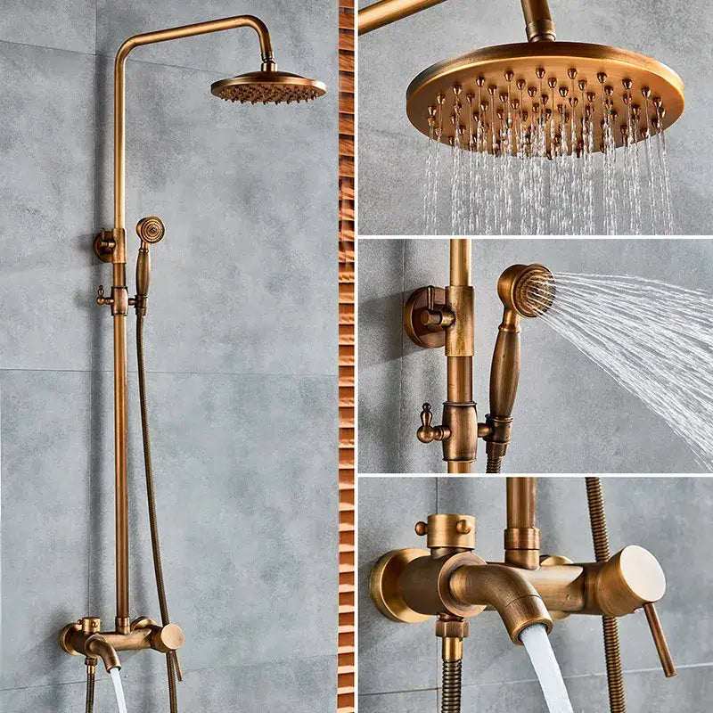 Modern brass shower set with fixed overhead rainhead handheld sprayer and wall-mounted control valve decorbites brass shower