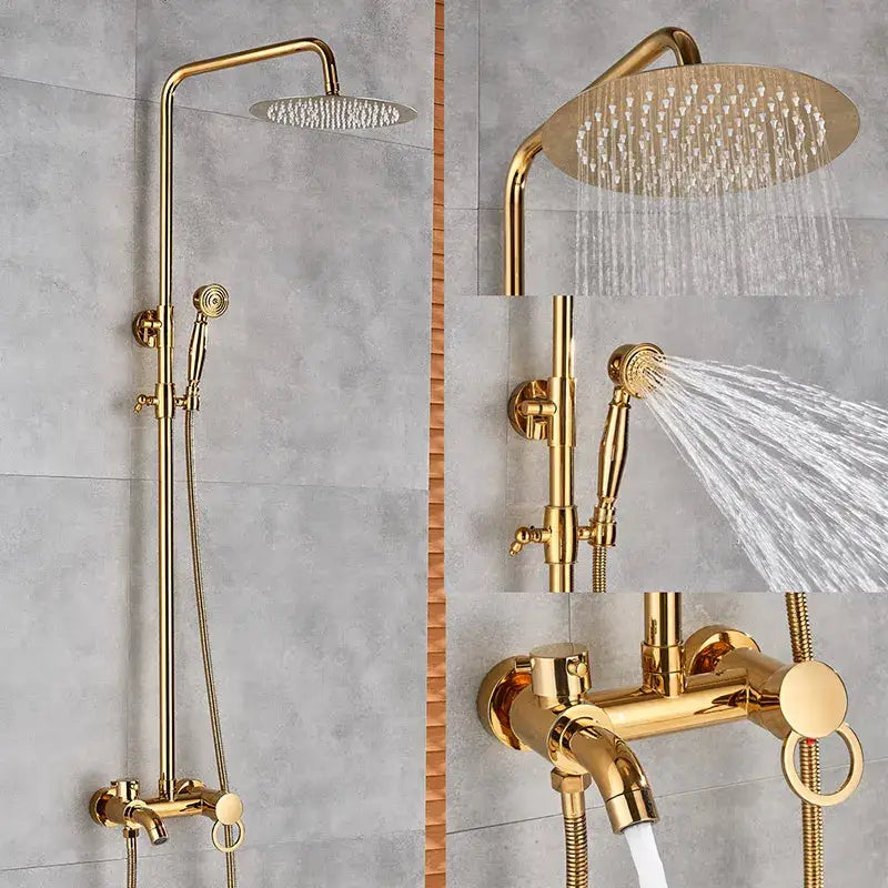 Modern brass shower set featuring a gold-finished rainfall head handheld sprayer and wall-mounted faucet decorbites brass shower