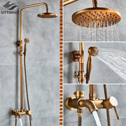 Modern brass shower set featuring a brass-finished rainfall head handheld sprayer and wall-mounted control valve decorbites brass shower