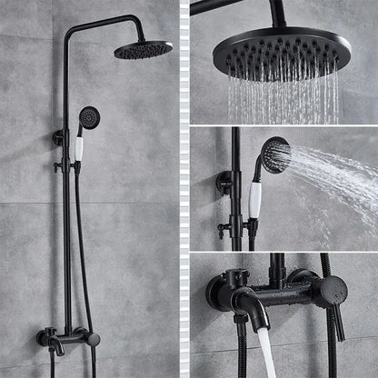 Modern brass shower set with black matte finish features rainfall head handheld sprayer and wall-mounted valve decorbites brass shower