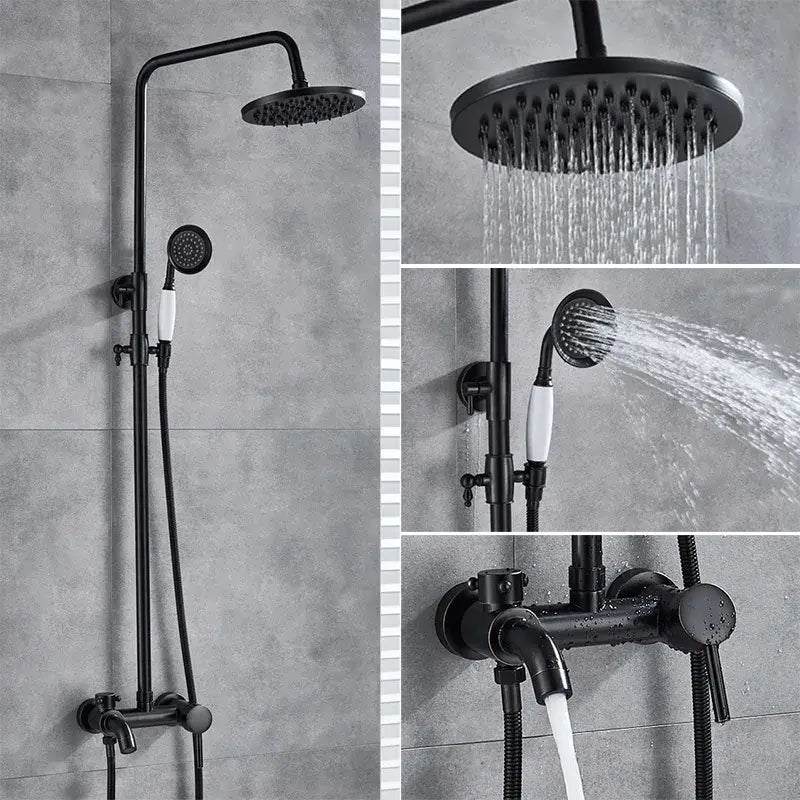 Modern brass shower set with black matte finish features rainfall head handheld sprayer and wall-mounted valve decorbites brass shower