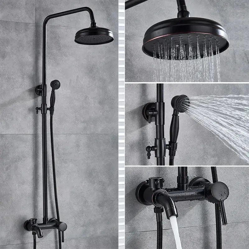 Modern brass shower set with black matte finish fixed rainhead handheld sprayer and wall-mounted control valve for bathroom decorbites brass shower