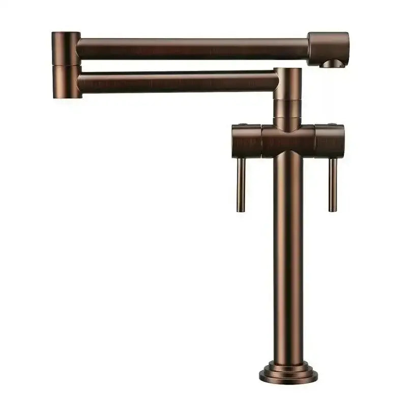 Modern brass single handle kitchen faucet with articulated dual handles in bronze finish for stylish kitchen use