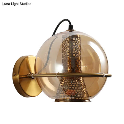 DecorBites™ DecorBites™ Modern Brass Sphere Wall Sconce with Cognac Glass - Bedside Light Fixture
