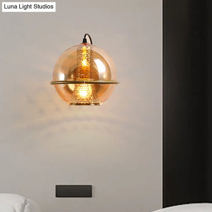 DecorBites™ DecorBites™ Modern Brass Sphere Wall Sconce with Cognac Glass - Bedside Light Fixture
