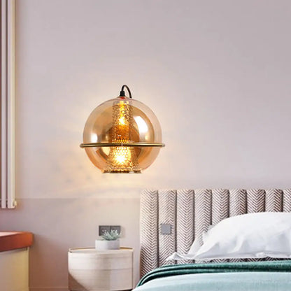 DecorBites™ DecorBites™ Modern Brass Sphere Wall Sconce with Cognac Glass - Bedside Light Fixture
