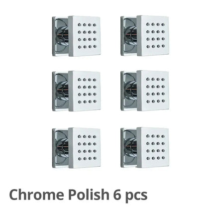 Six chrome-polished decorbites brass square body spray shower jets with grid of small circular nozzles for bathroom use