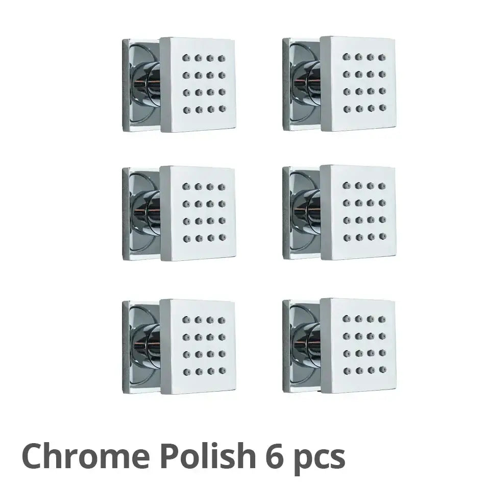 Six chrome-polished decorbites brass square body spray shower jets with grid of small circular nozzles for bathroom use