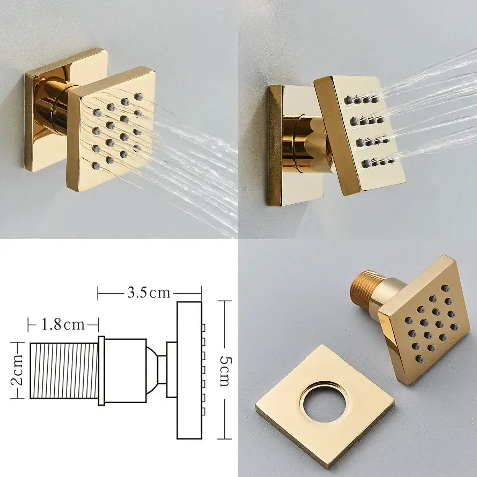 Gold-colored brass square body shower jets with modern minimalist design and multiple spray nozzles by decorbites