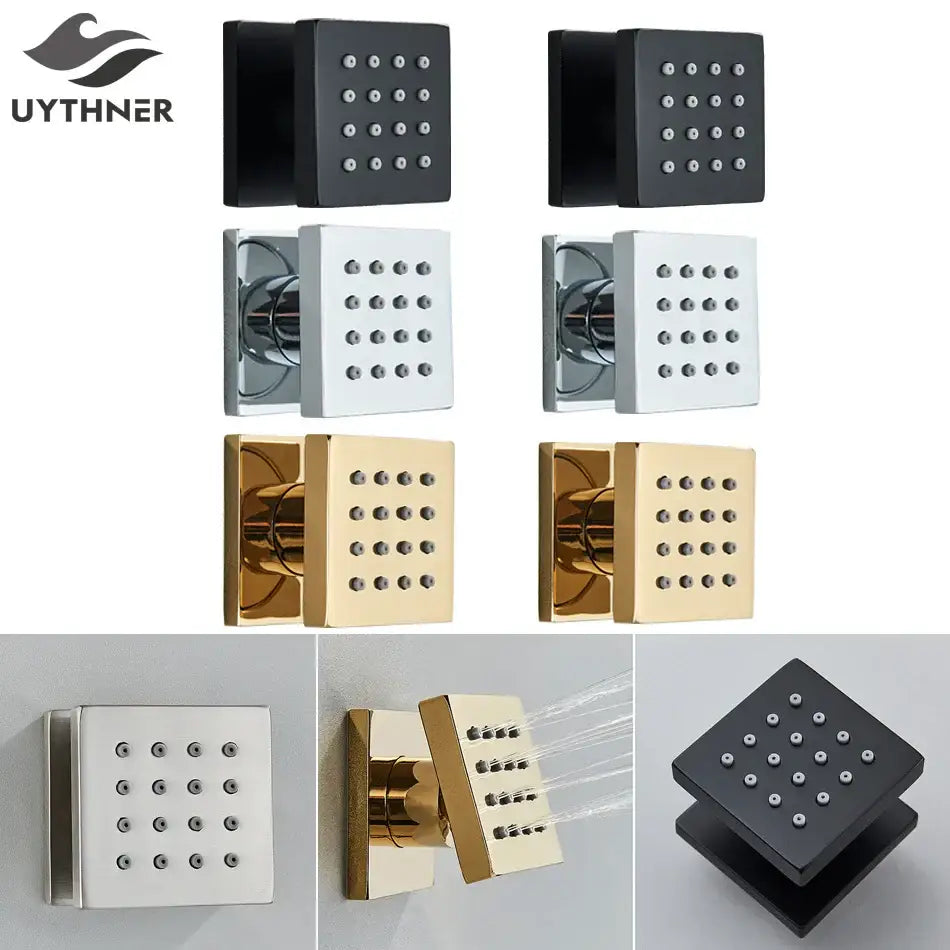 Modern brass square body spray shower jets with 16 nozzles in black chrome and gold finishes for bathroom massage decorbites brass square