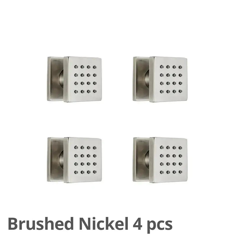 Brushed nickel decorbites brass square body shower jets with grid of small circular indentations for modern bathroom massage