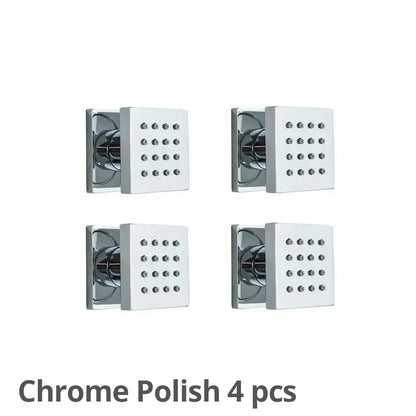 Modern brass square body shower jets with chrome finished square showerhead featuring circular nozzles for bathroom massage