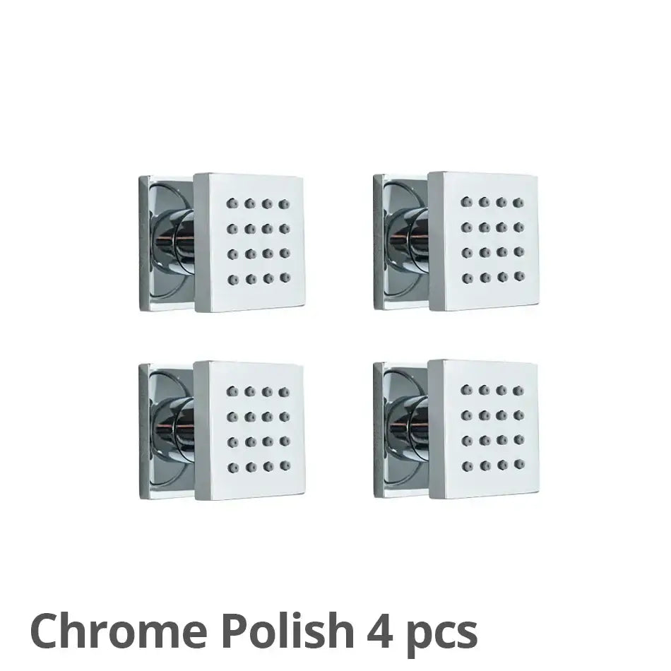 Modern brass square body shower jets with chrome finished square showerhead featuring circular nozzles for bathroom massage