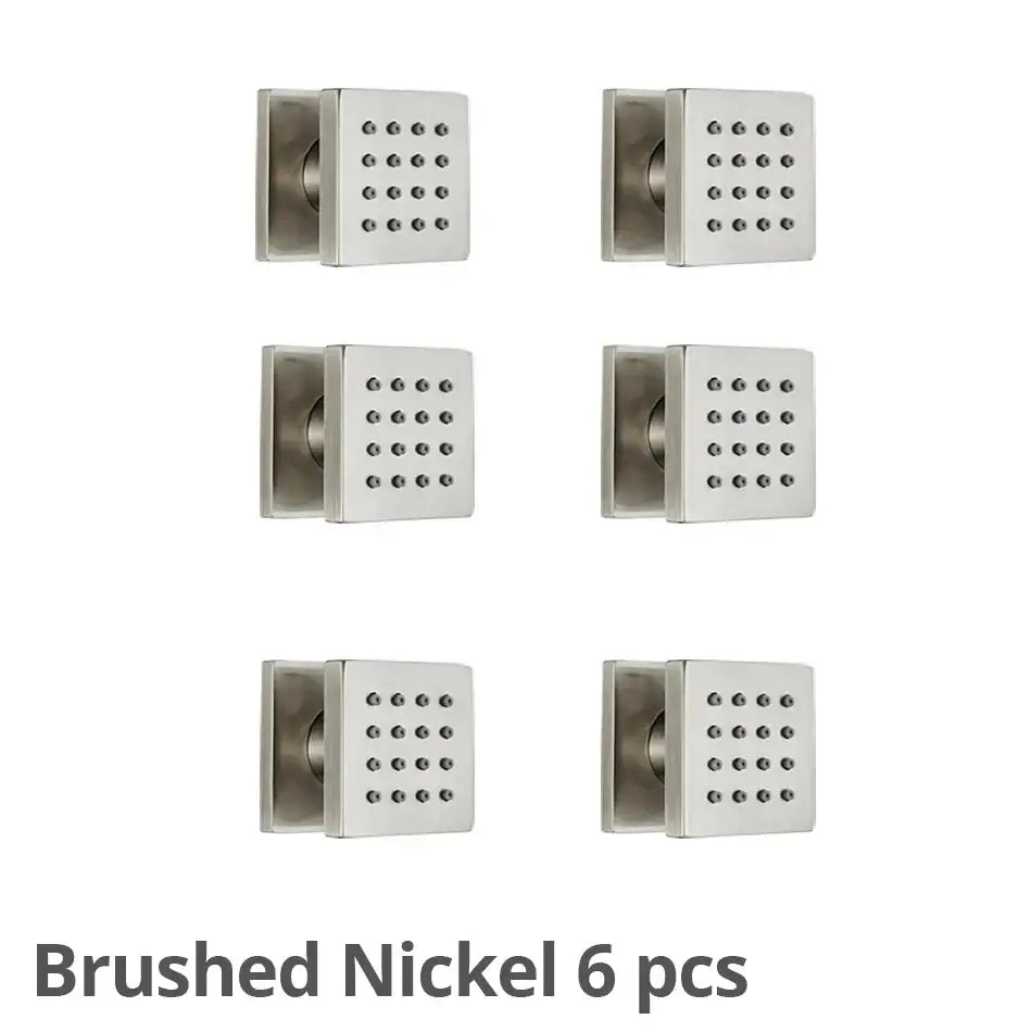 Six decorbites brass square brushed nickel shower jets with grid of small circular holes for bathroom massage use