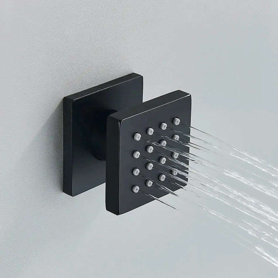 Black matte brass square body spray shower jets with multiple nozzles spraying water for bathroom massage decorbites