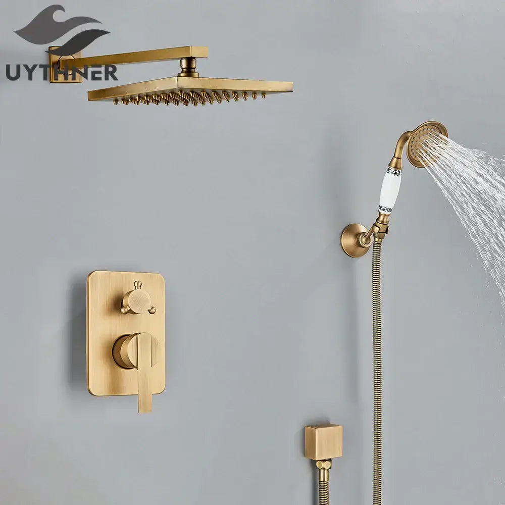 Modern brass square rainfall shower faucet set with gold finished square rain shower head and multiple spray nozzles