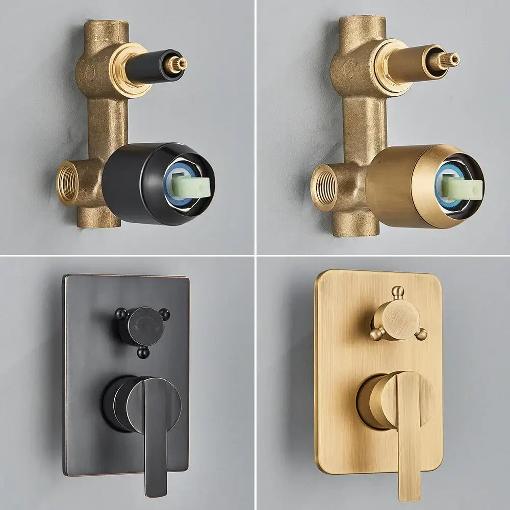 Modern brass square rainfall shower faucet set with brushed brass and matte black wall-mounted shower faucet assemblies