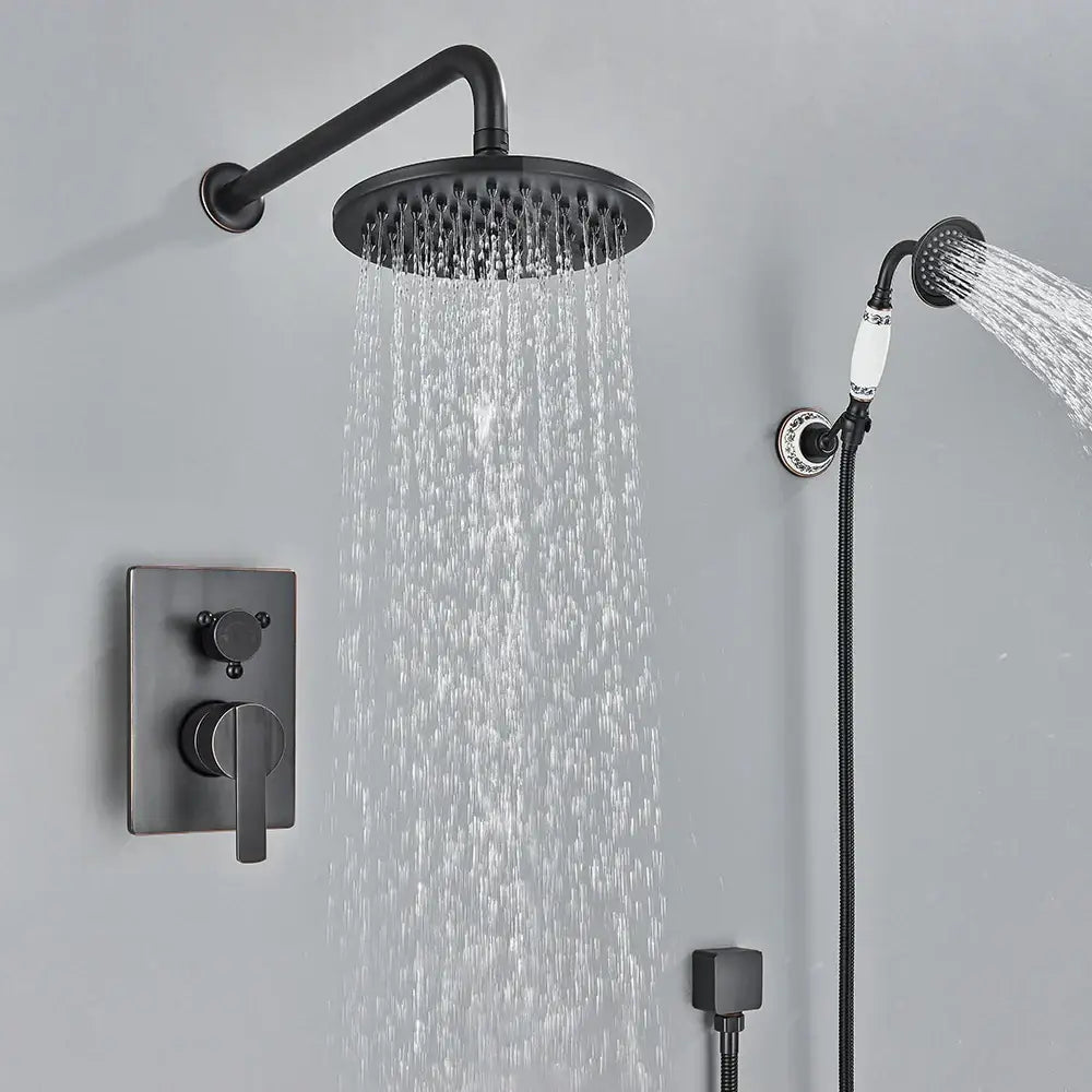 Black matte-finish rain shower head with modern design and multiple nozzles for a brass shower faucet set