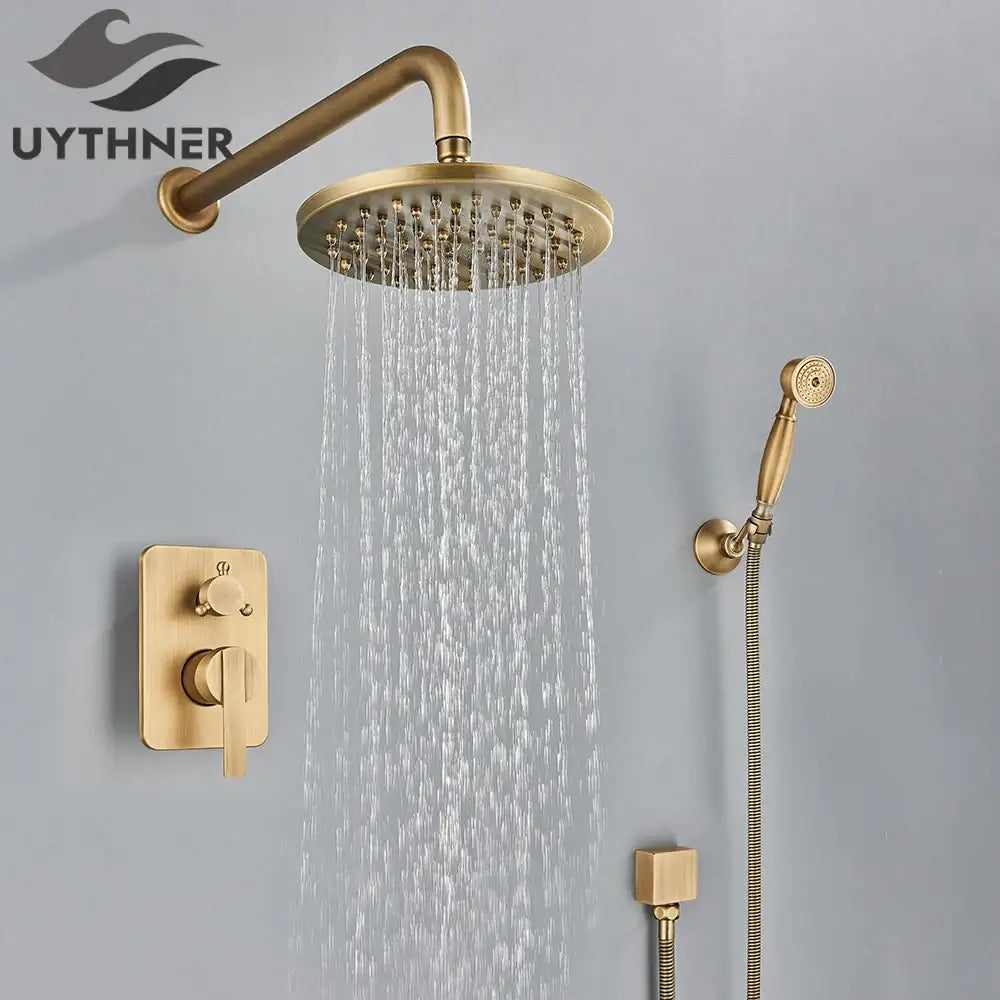 Modern brass square rainfall shower faucet set featuring a brass-finished shower faucet set with round rainhead and handheld spray nozzle