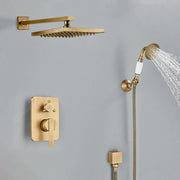 Modern brass square rainfall shower faucet set features a gold-toned square showerhead with multiple spray nozzles