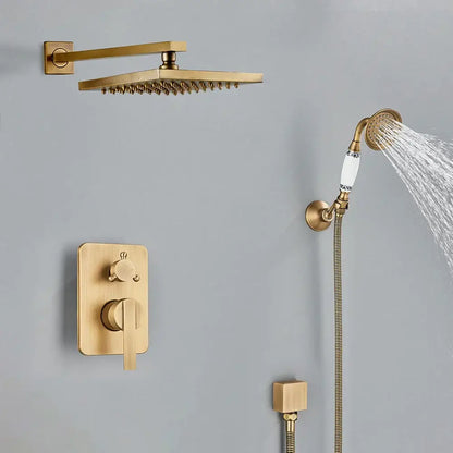 Modern brass square rainfall shower faucet set features a gold-toned square showerhead with multiple spray nozzles