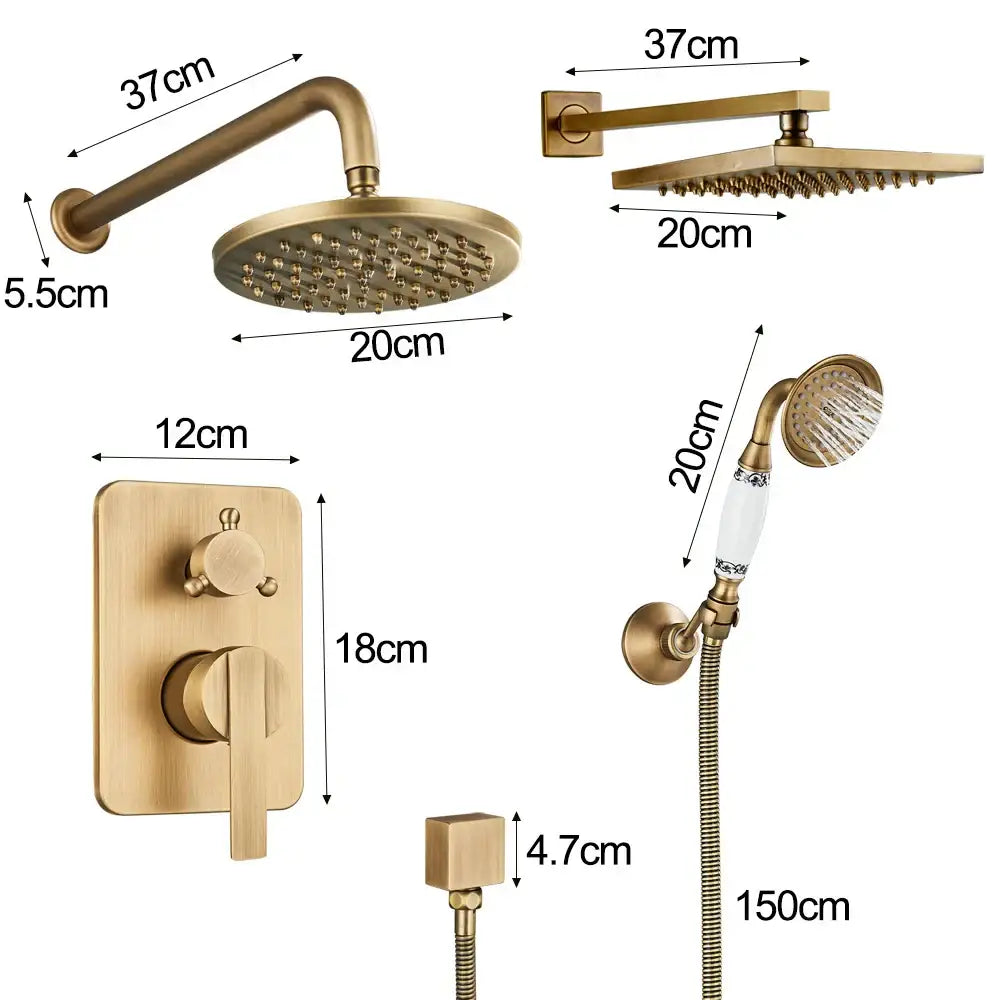 Modern brass square rainfall shower faucet set with fixed rainhead handheld spray nozzle and wall-mounted control valve