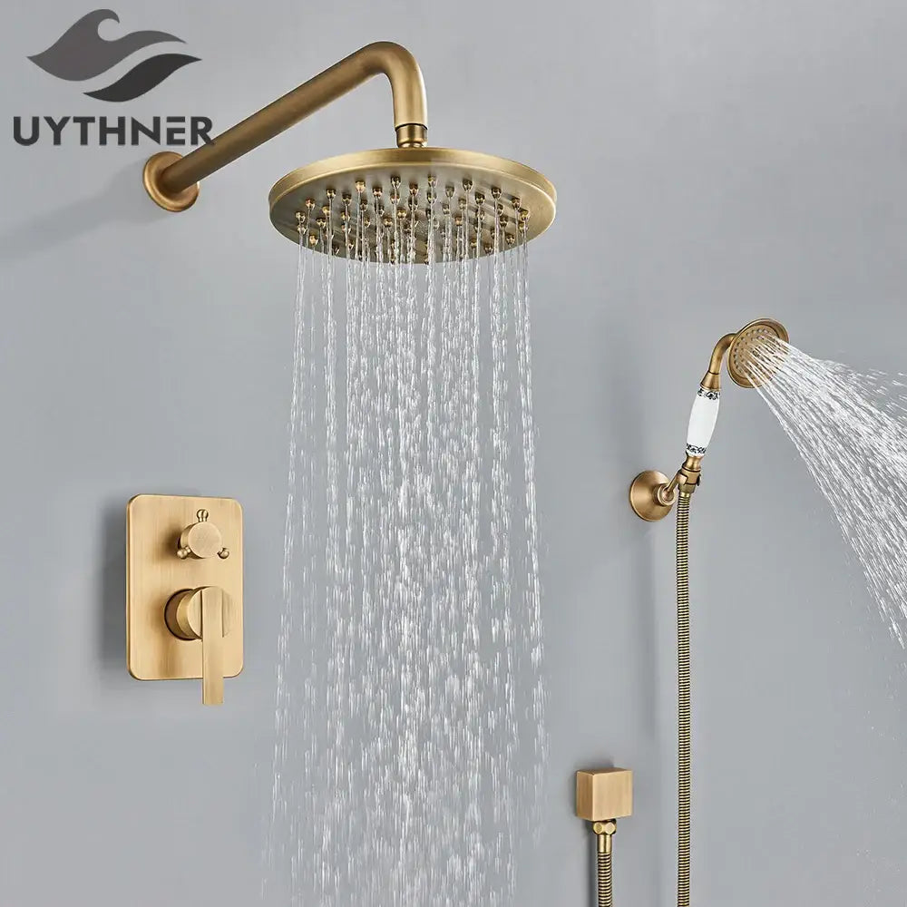 Modern brass square rainfall shower faucet set featuring brass finish shower faucet and white ceramic accent handheld