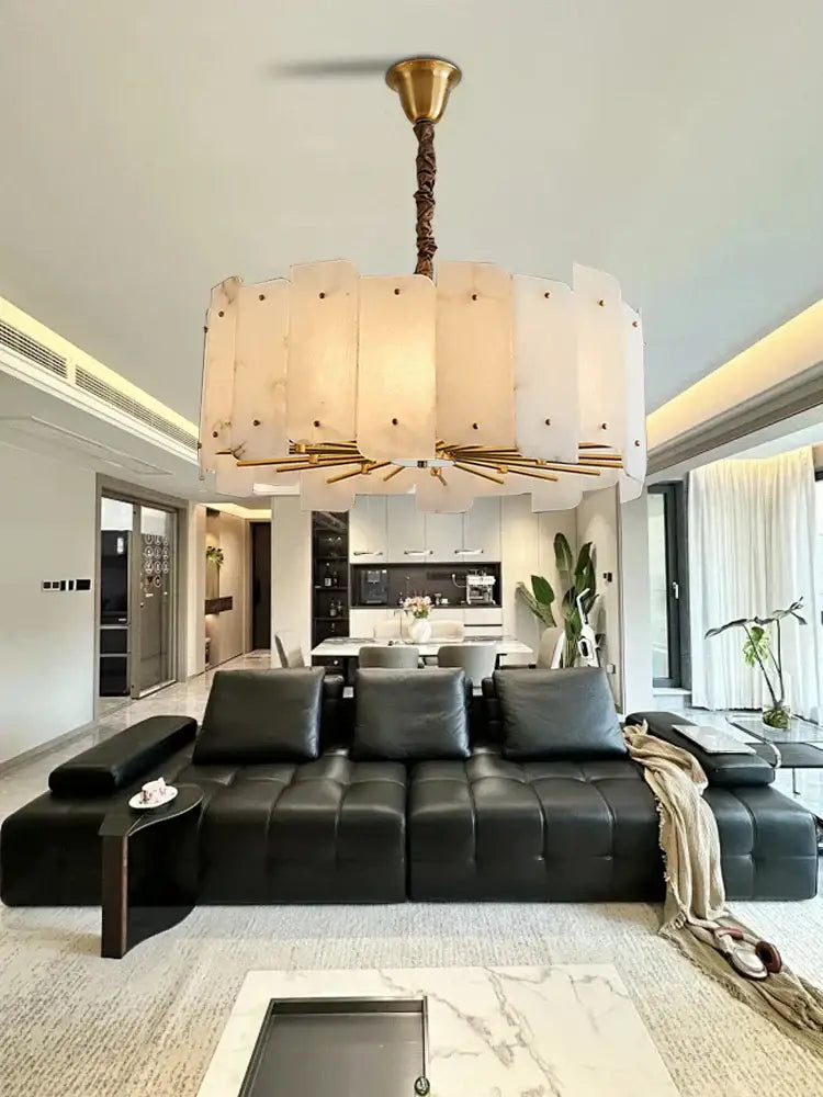 Modern brass stone pendant light with brass-finished top and off-white panels for dining room decorbites brass stone pendant