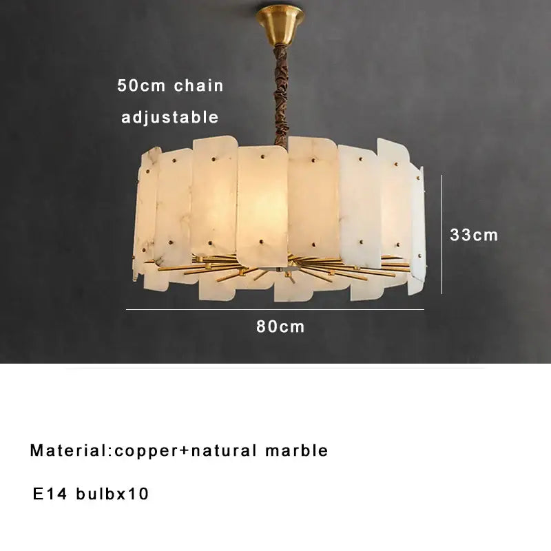 Modern brass stone pendant light with brass-finished copper chain and natural marble panels for dining room decorbites brass stone