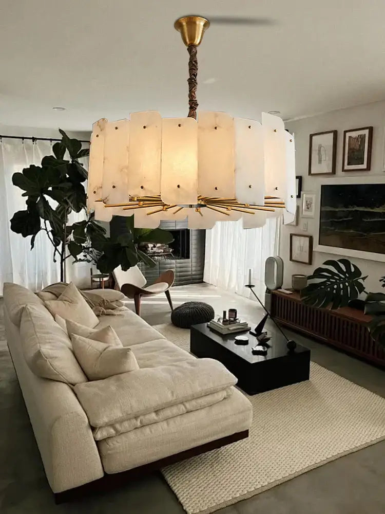 Modern brass stone pendant light with brass finish and off-white rectangular panels for dining room decorbites brass stone pendant