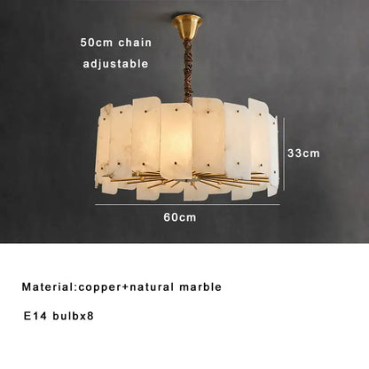 Modern brass stone pendant light with brass-finished copper chain and natural marble panels for dining room decorbites brass stone