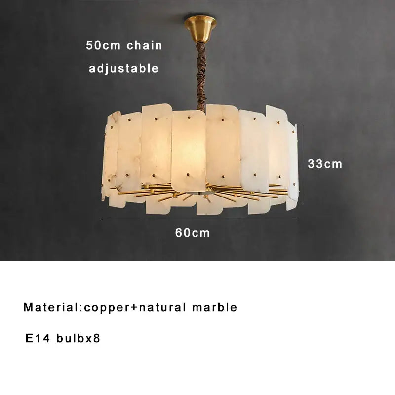 Modern brass stone pendant light with brass-finished copper chain and natural marble panels for dining room decorbites brass stone