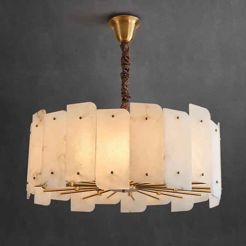 Modern brass stone pendant light with off-white marble panels and twisted brown cord for dining room decorbites brass stone