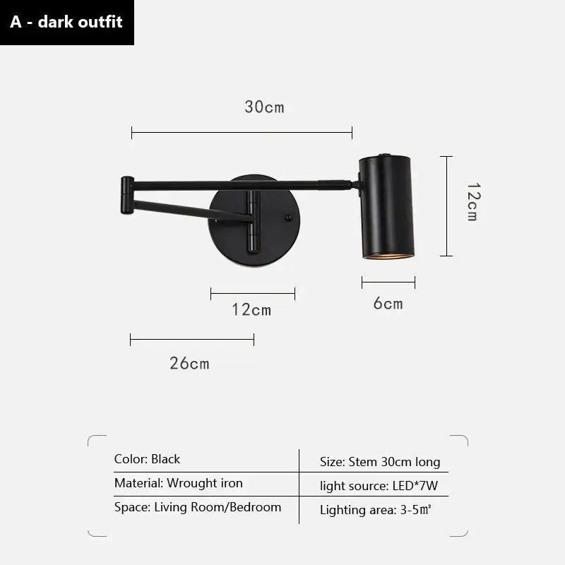 Black wrought iron wall lamp with adjustable swing arm and cylindrical led lamp head for modern decorbites lighting