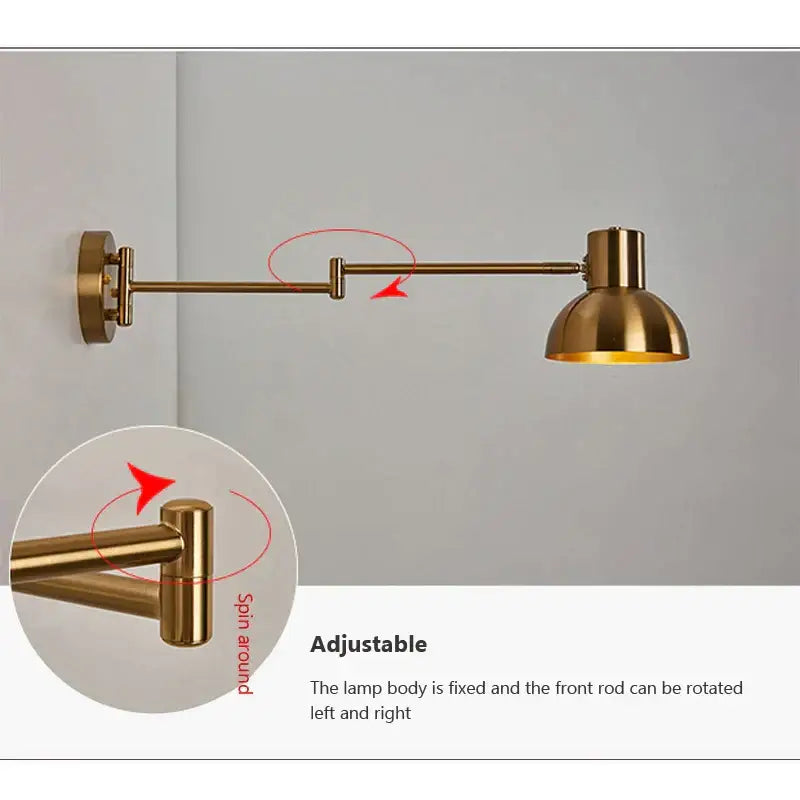 Modern brass swing arm wall lamp with adjustable articulated arm and dome-shaped shade for bedroom decorbites adjustable swing