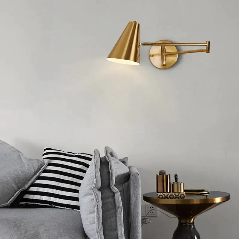 Modern brass swing arm wall lamp with gold conical shade and adjustable arm for bedroom decorbites adjustable swing lighting