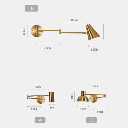 Modern brass swing arm wall lamp with gold finish and adjustable conical shade perfect for bedroom decorbites adjustable swing