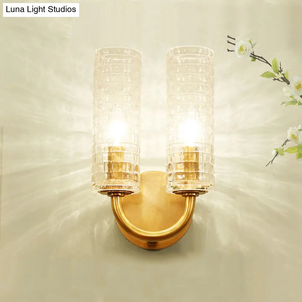 DecorBites™ DecorBites™ Modern Brass Tubular Flush Mount Wall Sconce with Crystal Accents: 2-Light Fixture & Curved Arm