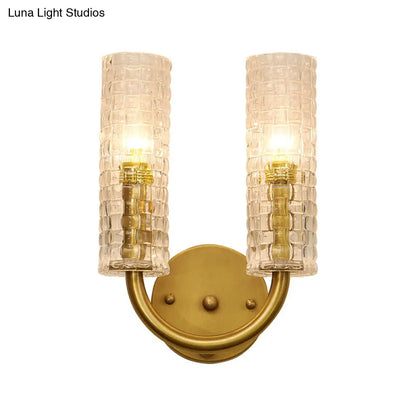 DecorBites™ DecorBites™ Modern Brass Tubular Flush Mount Wall Sconce with Crystal Accents: 2-Light Fixture & Curved Arm