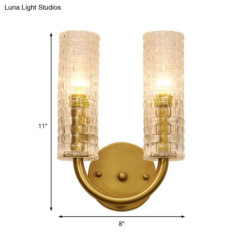 DecorBites™ DecorBites™ Modern Brass Tubular Flush Mount Wall Sconce with Crystal Accents: 2-Light Fixture & Curved Arm