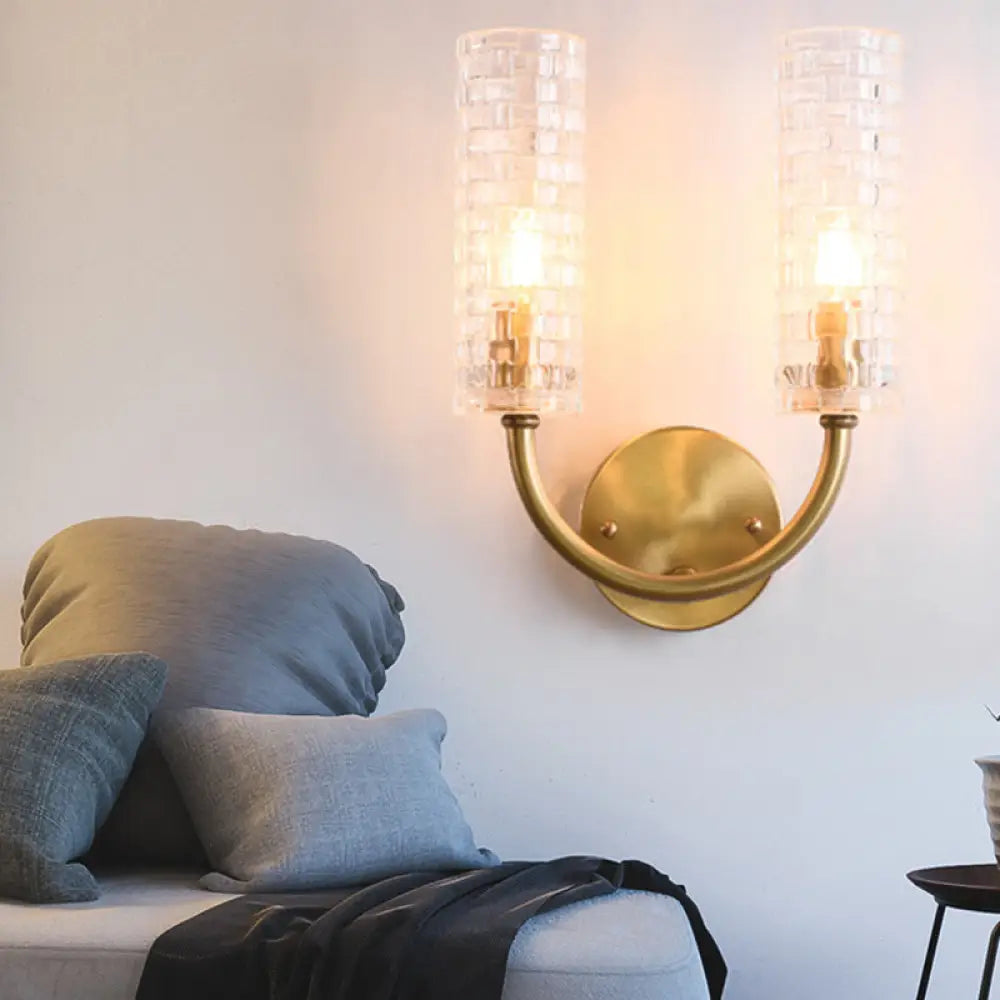 DecorBites™ DecorBites™ Modern Brass Tubular Flush Mount Wall Sconce with Crystal Accents: 2-Light Fixture & Curved Arm