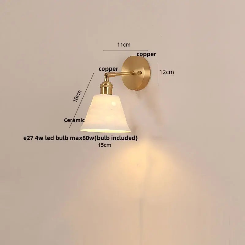 Modern brass wall lamp with copper finish and white ceramic shade for bedroom reading featuring decorbites copper led wall lamp design
