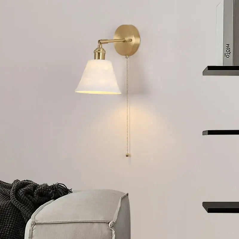 Modern brass wall lamp with frosted glass shade and pull chain ideal for bedroom reading decorbites copper led wall lamp